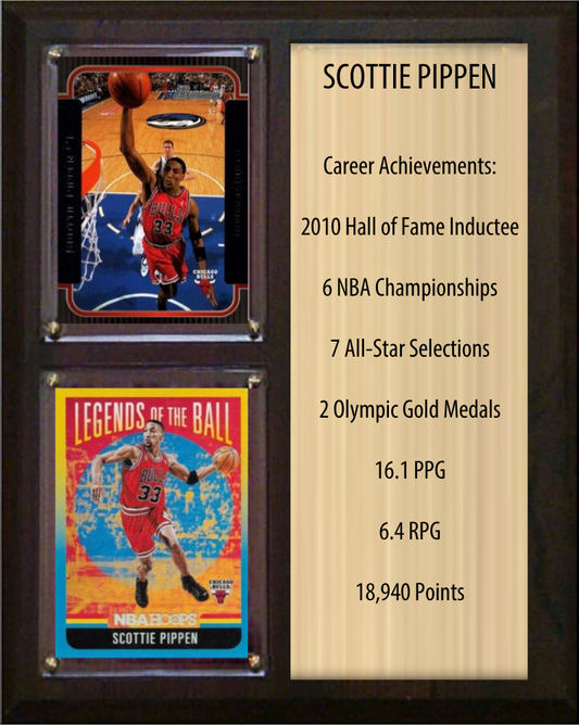 Scottie Pippen Chicago Bulls HOF Fan Gift Plaque 8x10 Stats 2 Cards Panini Donruss Hoops Prizm Topps 2024 2025 2026