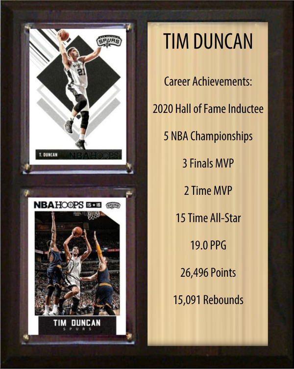 Tim Duncan San Antonio Spurs HOF Fan Gift Plaque 8x10 Stats 2 Cards Panini Donruss Hoops Prizm Topps 2024 2025 2026