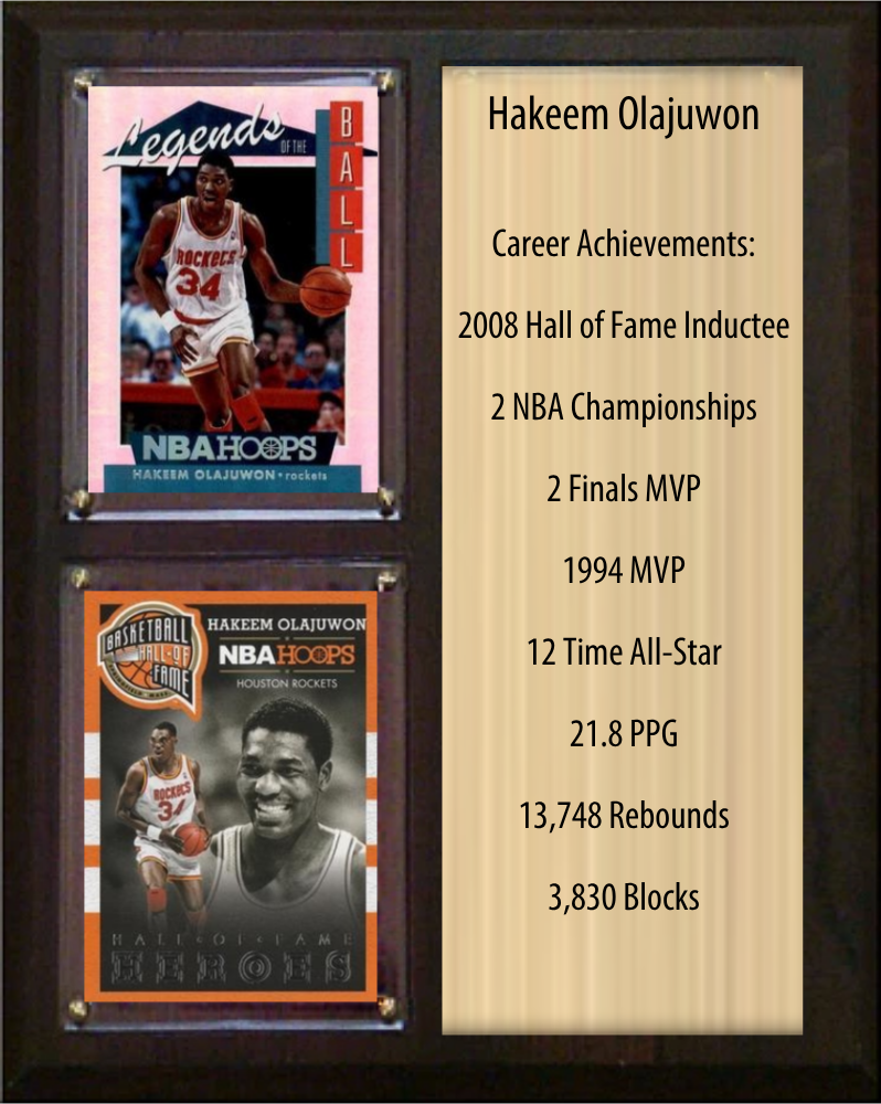 Hakeem Olajuwon Houston Rockets HOF Fan Gift Plaque 8x10 Stats 2 Cards Panini Donruss Hoops Prizm Topps 2024 2025 2026