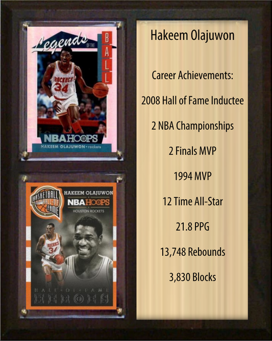 Hakeem Olajuwon Houston Rockets HOF Fan Gift Plaque 8x10 Stats 2 Cards Panini Donruss Hoops Prizm Topps 2024 2025 2026