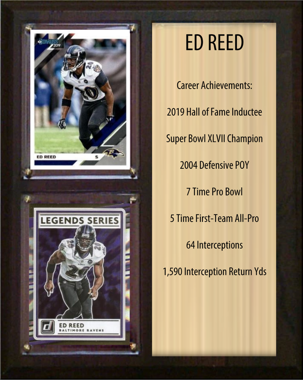 Ed Reed Baltimore Ravens HOF Fan Gift Plaque 8x10 Stats 2 Cards Donruss Score Panini Topps Prizm 2024 2025 2026