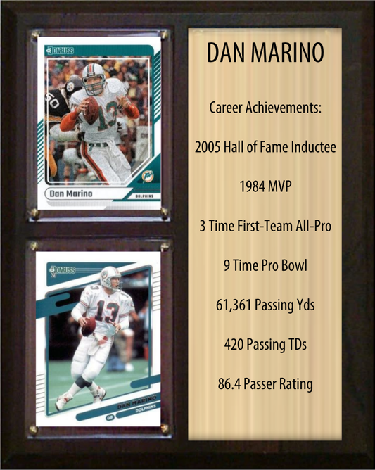 Dan Marino Miami Dolphins HOF Fan Gift Plaque 8x10 Stats 2 Cards Donruss Score Panini Topps Prizm 2024 2025 2026