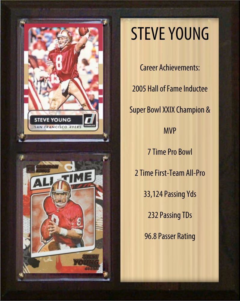 Steve Young San Francisco 49ers HOF Fan Gift Plaque 8x10 Stats 2 Cards Donruss Score Panini Topps Prizm 2024 2025 2026