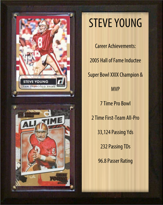 Steve Young San Francisco 49ers HOF Fan Gift Plaque 8x10 Stats 2 Cards Donruss Score Panini Topps Prizm 2024 2025 2026