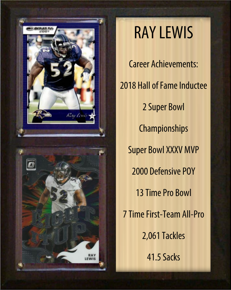 Ray Lewis Baltimore Ravens HOF Fan Gift Plaque 8x10 Stats 2 Cards Donruss Score Panini Topps Prizm 2024 2025 2026