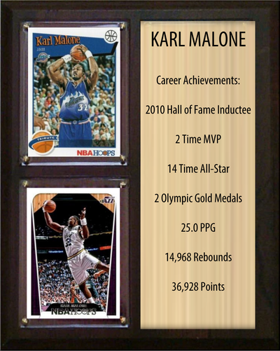 Karl Malone Utah Jazz HOF Fan Gift Plaque 8x10 Stats 2 Cards Panini Donruss Hoops Prizm Topps 2024 2025 2026