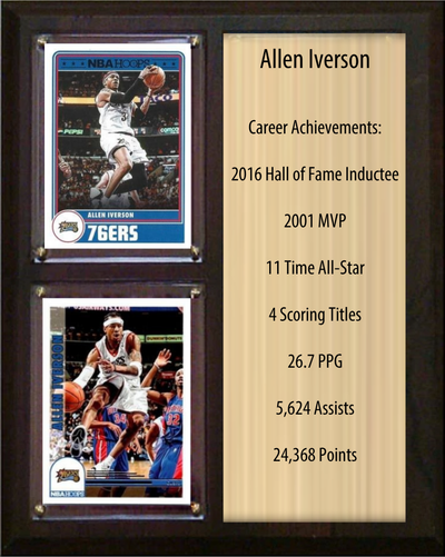 Allen Iverson Philadelphia 76ers HOF Fan Gift Plaque 8x10 Stats 2 Cards Panini Donruss Hoops Prizm Topps 2024 2025 2026