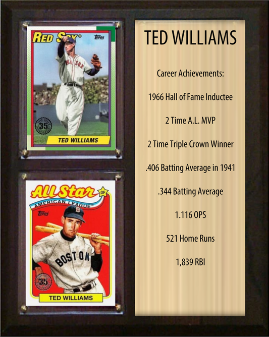 Ted Williams Boston Red Sox HOF Fan Gift Plaque 8x10 Stats 2 Cards Topps Donruss Panini 2024 2025 2026