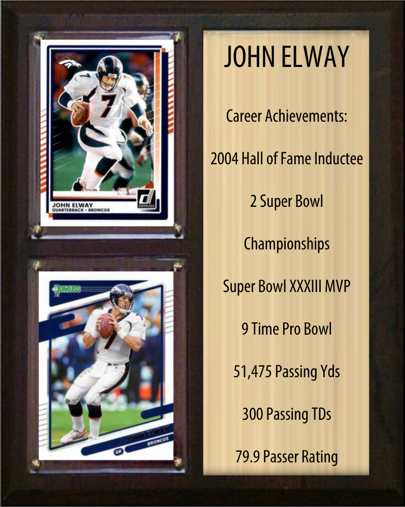 John Elway Denver Broncos HOF Fan Gift Plaque 8x10 Stats 2 Cards Donruss Score Panini Topps Prizm 2024 2025 2026