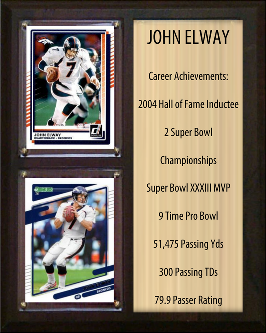 John Elway Denver Broncos HOF Fan Gift Plaque 8x10 Stats 2 Cards Donruss Score Panini Topps Prizm 2024 2025 2026