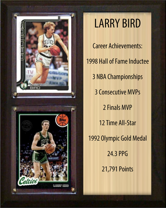 Larry Bird Boston Celtics HOF Fan Gift Plaque 8x10 Stats 2 Cards Panini Donruss Hoops Prizm Topps 2024 2025 2026
