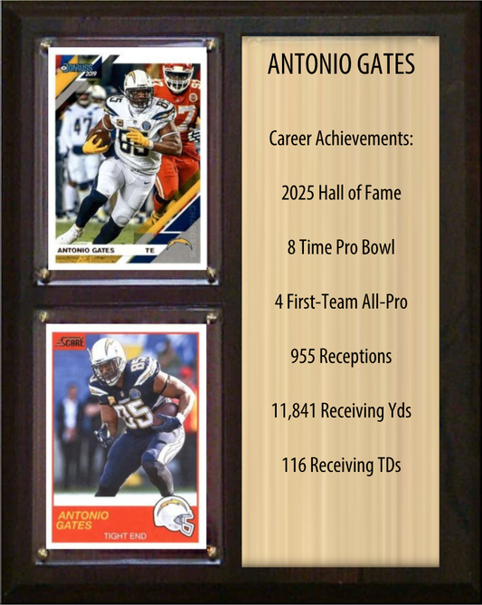 Antonio Gates Los Angeles Chargers Hall of Fame Stats Plaque 8x10 2 Cards Prizm, Donruss, Score 2024 2025 2026