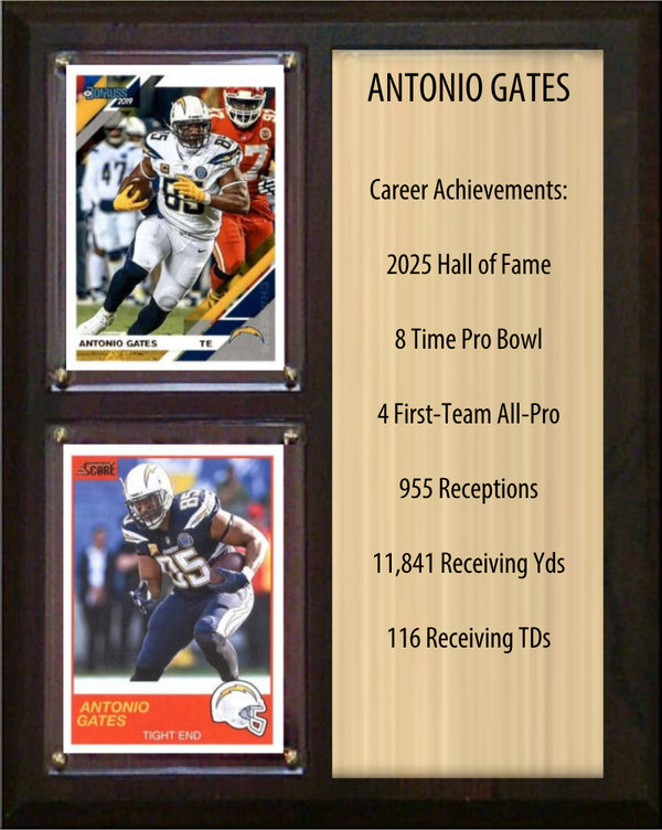 Antonio Gates Los Angeles Chargers Hall of Fame Stats Plaque 8x10 2 Cards Prizm, Donruss, Score 2024 2025 2026