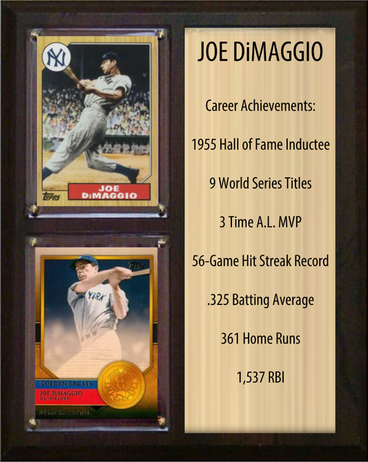 Joe DiMaggio New York Yankees HOF Fan Gift Plaque 8x10 Stats 2 Cards Topps Donruss Panini 2024 2025 2026