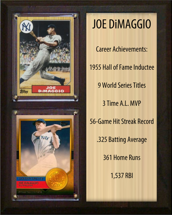 Joe DiMaggio New York Yankees HOF Fan Gift Plaque 8x10 Stats 2 Cards Topps Donruss Panini 2024 2025 2026