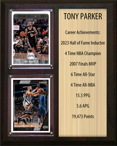 Tony Parker San Antonio Spurs Hall of Fame Stats Plaque 8x10 2 Cards Hoops, Prizm, Donruss 2024 2025 2026