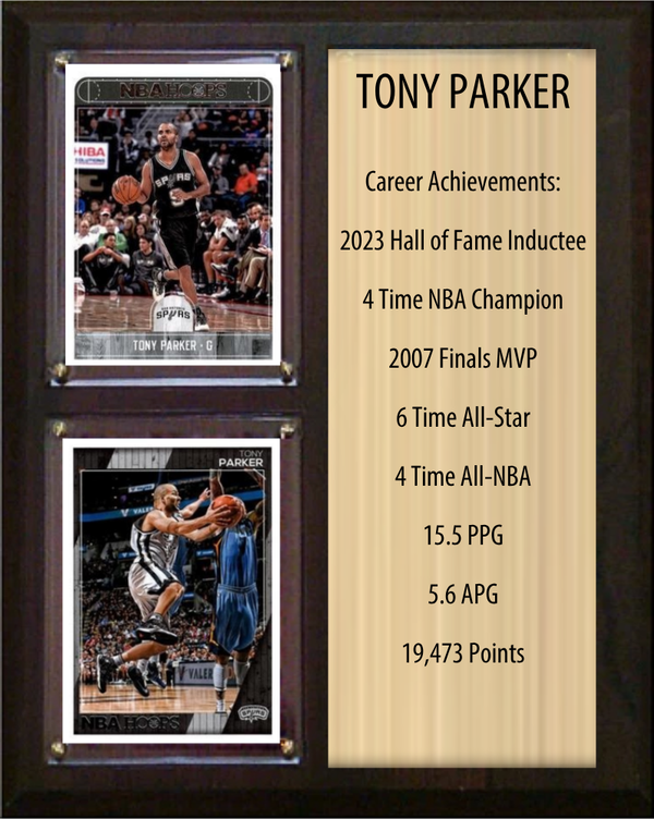 Tony Parker San Antonio Spurs Hall of Fame Stats Plaque 8x10 2 Cards Hoops, Prizm, Donruss 2024 2025 2026
