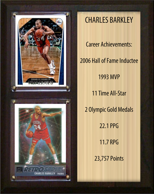 Charles Barkley Philadelphia 76ers HOF Fan Gift Plaque 8x10 Stats 2 Cards Panini Donruss Hoops Prizm Topps 2024 2025 2026