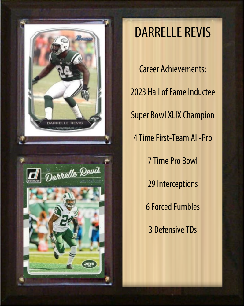 Darrelle Revis New York Jets Hall of Fame Stats Plaque 8x10 2 Cards Prizm, Donruss, Score 2024 2025 2026