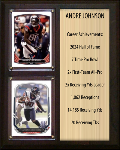 Andre Johnson Houston Texans Hall of Fame Stats Plaque 8x10 2 Cards Prizm, Donruss, Score 2024 2025 2026
