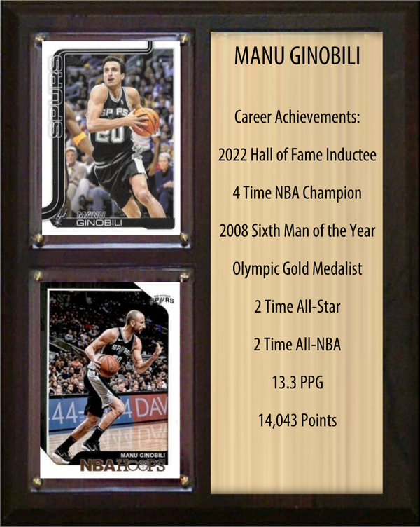 Manu Ginobili San Antonio Spurs Hall of Fame Stats Plaque 8x10 2 Cards Hoops, Prizm, Donruss 2024 2025 2026