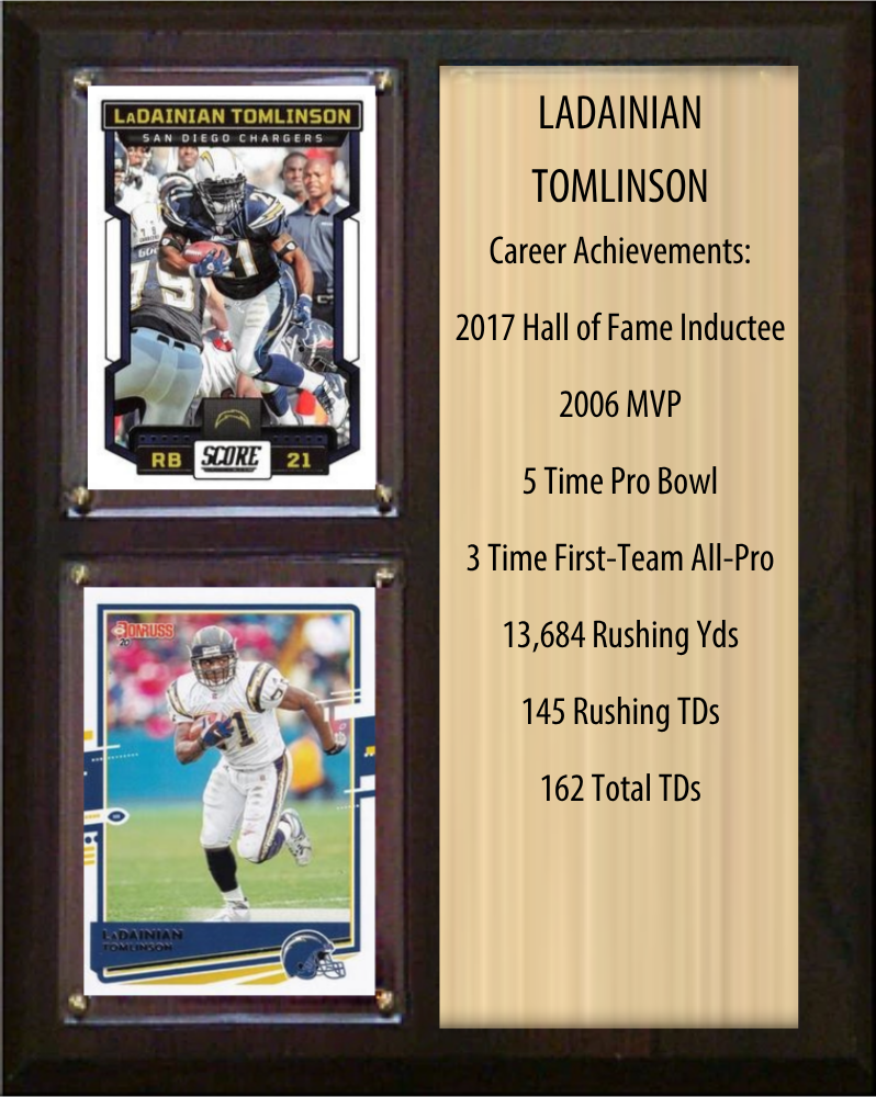 LaDainian Tomlinson Los Angeles Chargers Hall of Fame Stats Plaque 8x10 2 Cards Prizm, Donruss, Score 2024 2025 2026