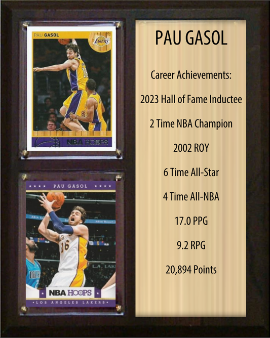 Pau Gasol Los Angeles Lakers Hall of Fame Stats Plaque 8x10 2 Cards Hoops, Prizm, Donruss 2024 2025 2026