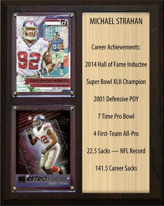 Michael Strahan New York Giants Hall of Fame Stats Plaque 8x10 2 Cards Prizm, Donruss, Score 2024 2025 2026