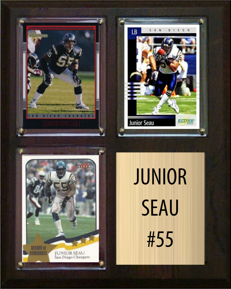 Junior Seau Los Angeles Chargers Hall of Fame Fan Gift Plaque 8x10 3 Cards Prizm, Donruss, Score 2024 2025 2026