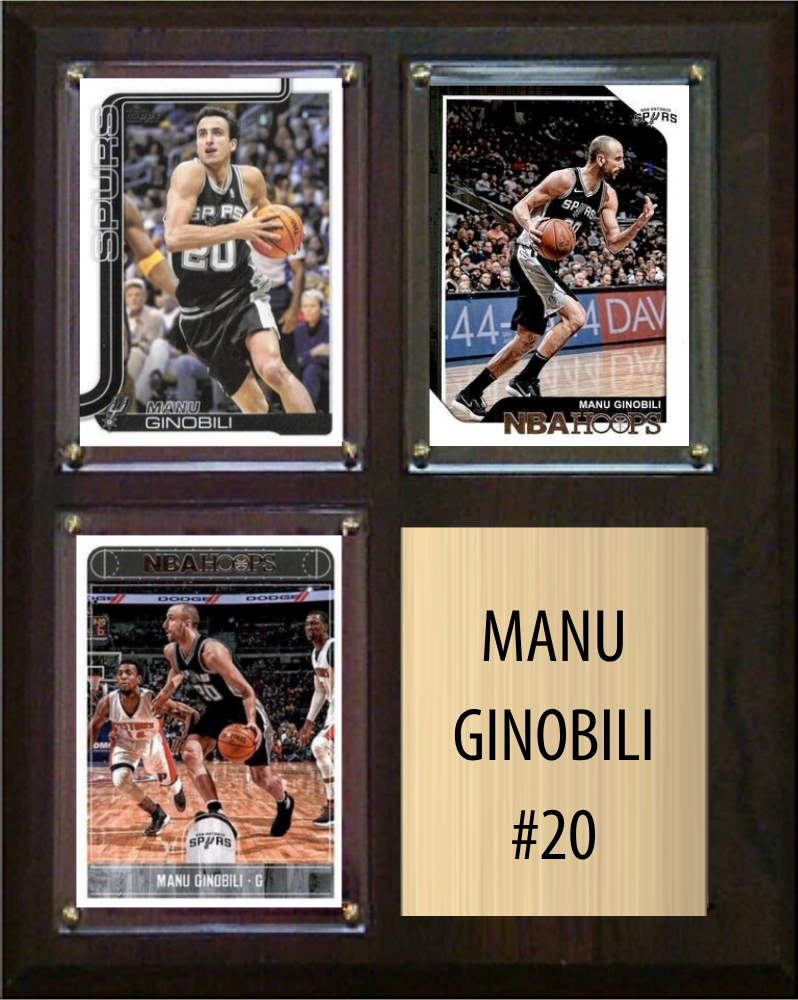 Manu Ginobili San Antonio Spurs Hall of Fame Fan Gift Plaque 8x10 3 Cards Hoops, Prizm, Donruss 2024 2025 2026