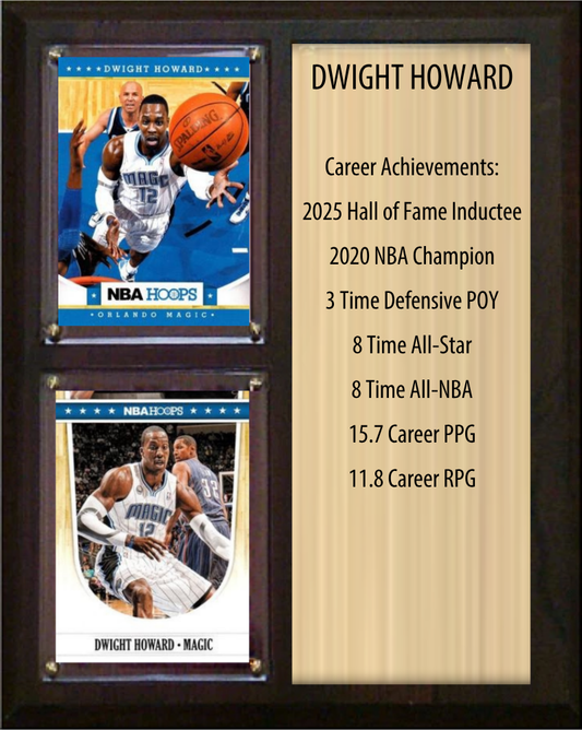 Dwight Howard Orlando Magic Hall of Fame Stats Plaque 8x10 2 Cards Hoops, Prizm, Donruss 2024 2025 2026