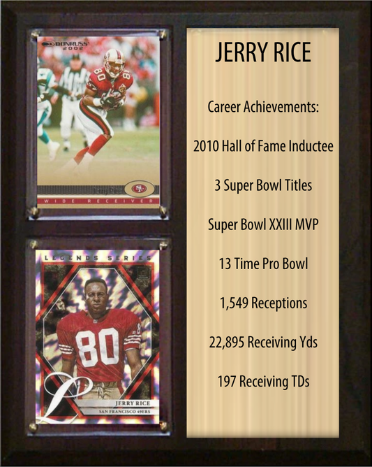 Jerry Rice San Francisco 49ers HOF Fan Gift Plaque 8x10 Stats 2 Cards Donruss Score Panini Topps Prizm 2024 2025 2026