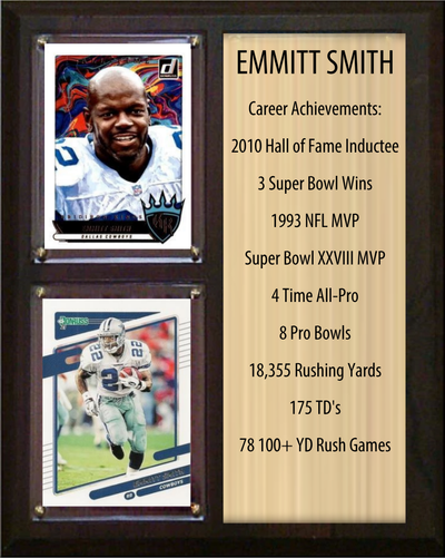 Emmitt Smith Dallas Cowboys HOF Fan Gift Plaque 8x10 Stats 2 Cards Donruss Score Panini Topps Prizm 2024 2025 2026