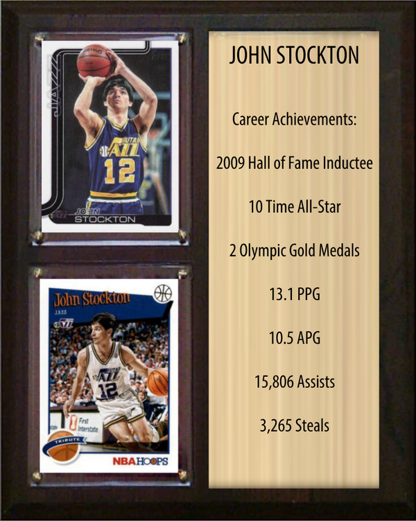 John Stockton Utah Jazz HOF Fan Gift Plaque 8x10 Stats 2 Cards Panini Donruss Hoops Prizm Topps 2024 2025 2026