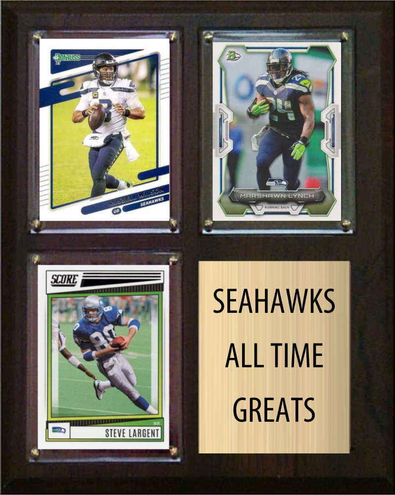 Seattle Seahawks All-Time Greats Fan Cave Plaque 8x10 3 Cards Russell Wilson Marshawn Lynch Steve Largent