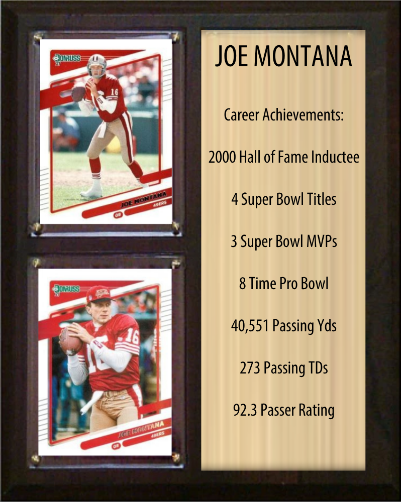 Joe Montana San Francisco 49ers HOF Fan Gift Plaque 8x10 Stats 2 Cards Donruss Score Panini Topps Prizm 2024 2025 2026