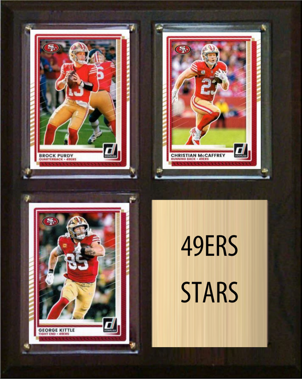San Francisco 49ers Stars 2026 Fan Cave Plaque 8x10 3 Cards - Purdy, McCaffrey, Kittle