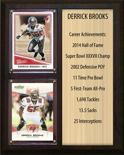 Derrick Brooks Tampa Bay Buccaneers Hall of Fame Stats Plaque 8x10 2 Cards Prizm, Donruss, Score 2024 2025 2026