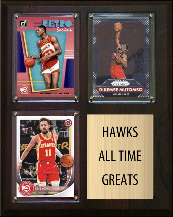 Atlanta Hawks All-Time Greats Fan Cave Plaque 8x10 3 Cards Dominique Wilkins Dikembe Mutombo Trae Young