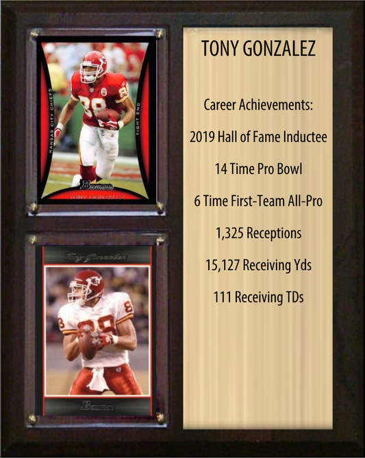 Tony Gonzalez Kansas City Chiefs Hall of Fame Stats Plaque 8x10 2 Cards Prizm, Donruss, Score 2024 2025 2026
