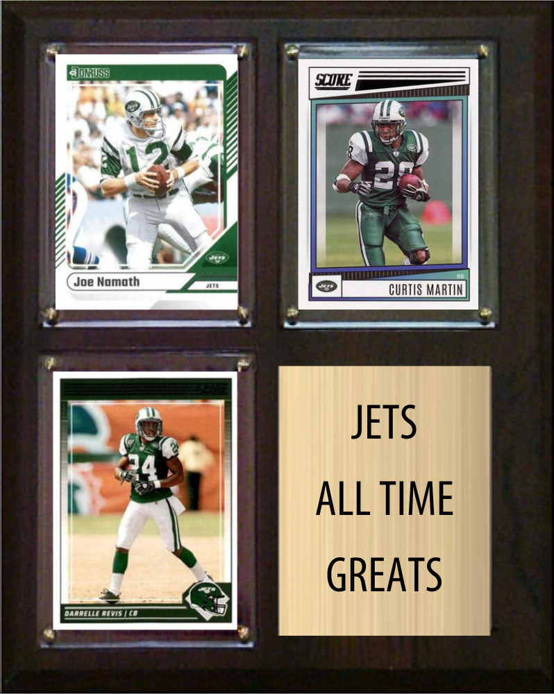 New York Jets All-Time Greats Fan Cave Plaque 8x10 3 Cards Joe Namath Curtis Martin Darrelle Revis