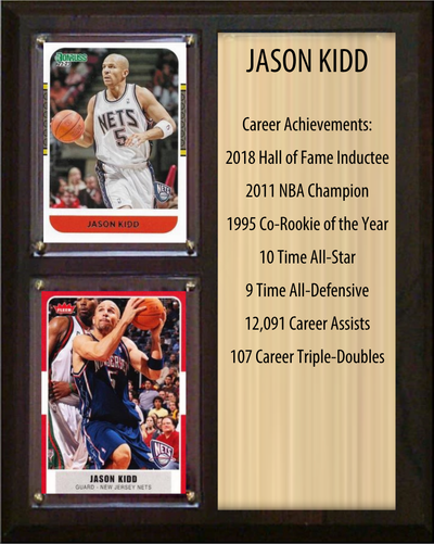 Jason Kidd New Jersey Nets Hall of Fame Stats Plaque 8x10 2 Cards Hoops, Prizm, Donruss 2024 2025 2026