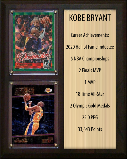 Kobe Bryant Los Angeles Lakers HOF Fan Gift Plaque 8x10 Stats 2 Cards Panini Donruss Hoops Prizm Topps 2024 2025 2026