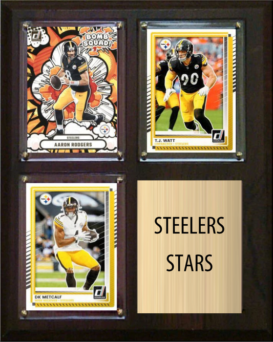 Pittsburgh Steelers Stars 2026 Fan Cave Plaque 8x10 3 Cards - Rodgers, Watt, Metcalf
