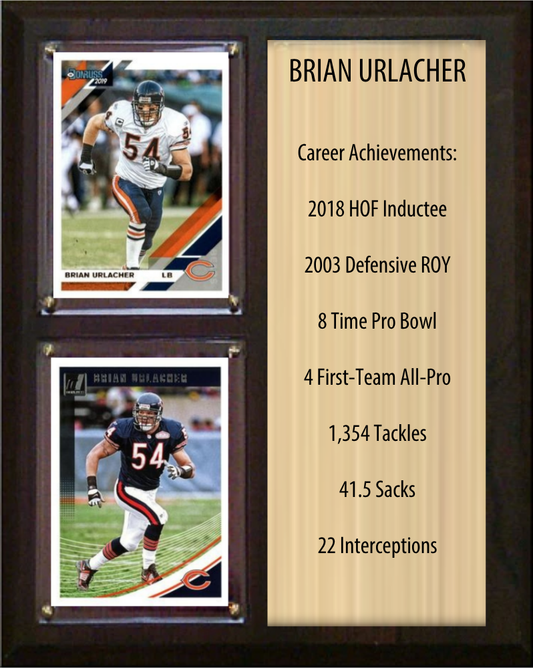 Brian Urlacher Chicago Bears Hall of Fame Stats Plaque 8x10 2 Cards Prizm, Donruss, Score 2024 2025 2026