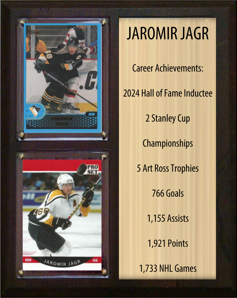 Jaromir Jagr Pittsburgh Penguins HOF Fan Gift Plaque 8x10 Stats 2 Cards Upper Deck Parkhurst O-Pee-Chee Topps 2024 2025 2026