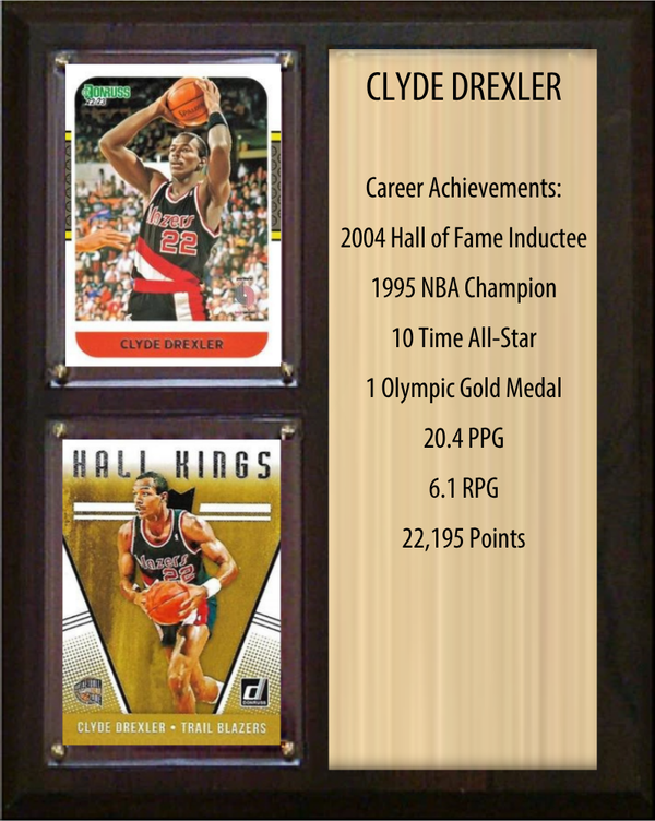 Clyde Drexler Portland Trail Blazers Hall of Fame Stats Plaque 8x10 2 Cards Hoops, Prizm, Donruss 2024 2025 2026