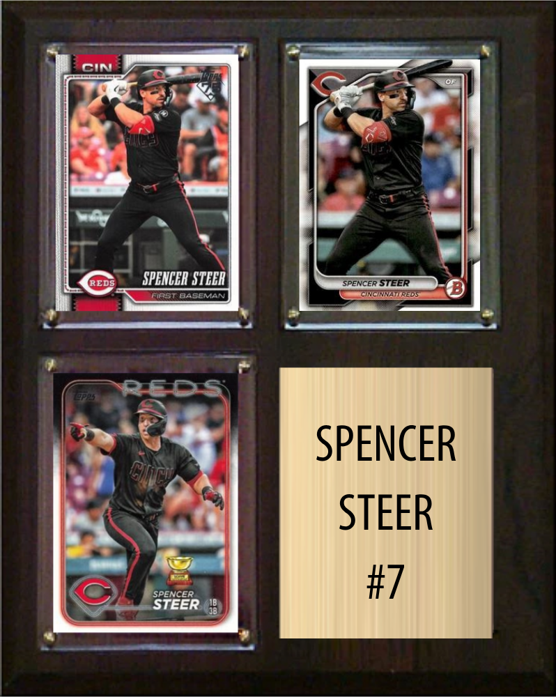 Spencer Steer Cincinnati Reds Fan Gift Plaque 8x10 3 Cards Topps, Bowman 2024 2025 2026