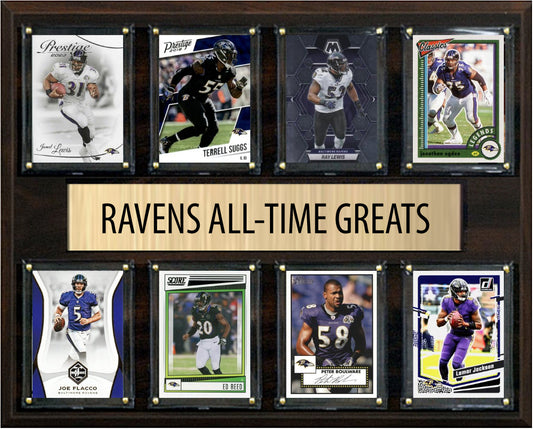 Baltimore Ravens All Time Greats Legends Plaque 8 Cards Ray Lewis Ed Reed Lamar Jackson Suggs