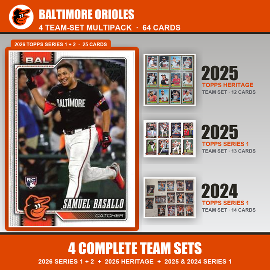 Baltimore Orioles Baseball Team Set Multipack - 2026 Topps Series 1 & 2 + 2025 Heritage + 2025 2024 Topps Series 1 - 4 Complete Team Sets - Samuel Basallo